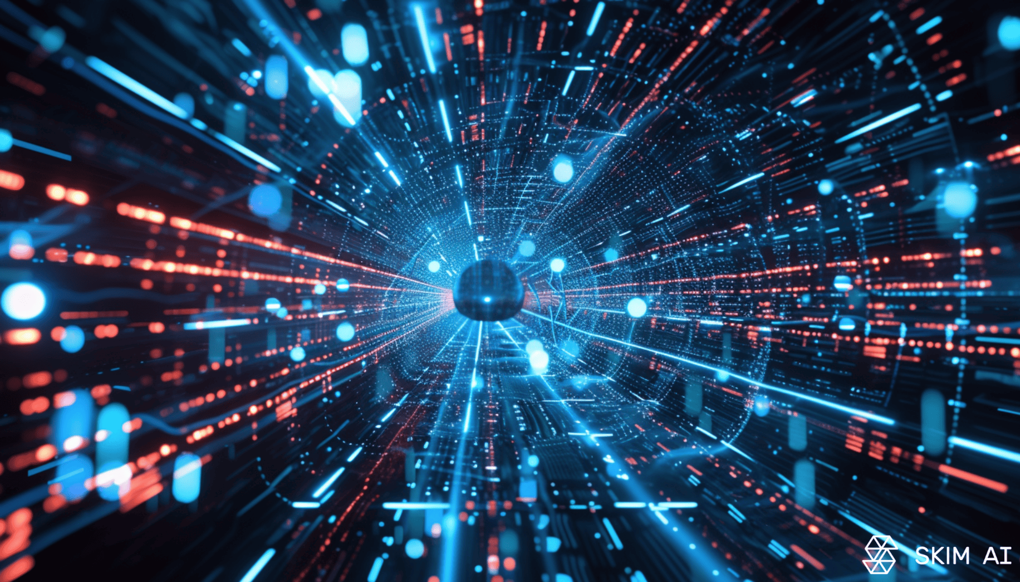 túnel digital con una esfera central rodeada de rayas de luz
