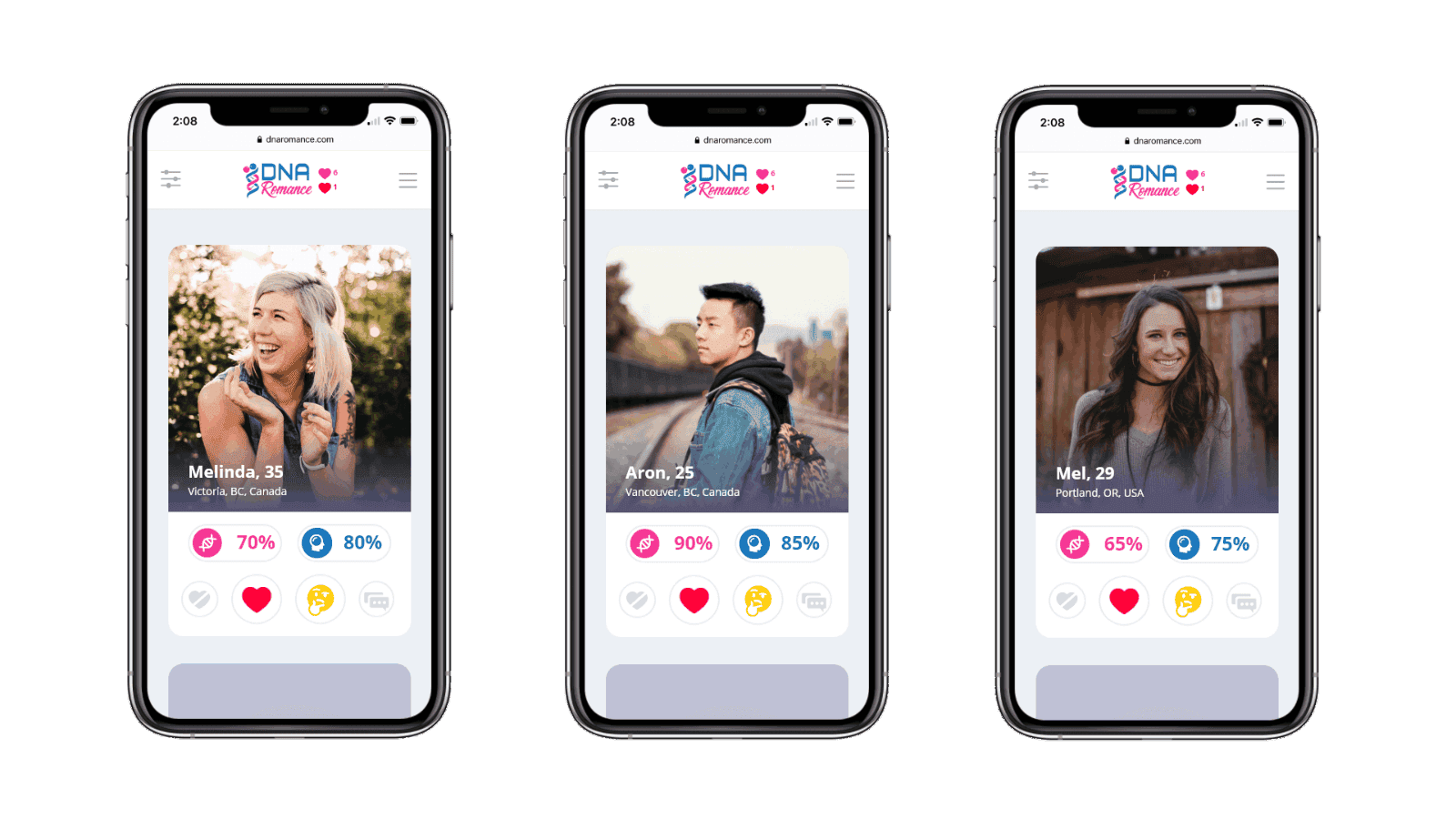 Three phones showing dating app interface, each with a different match